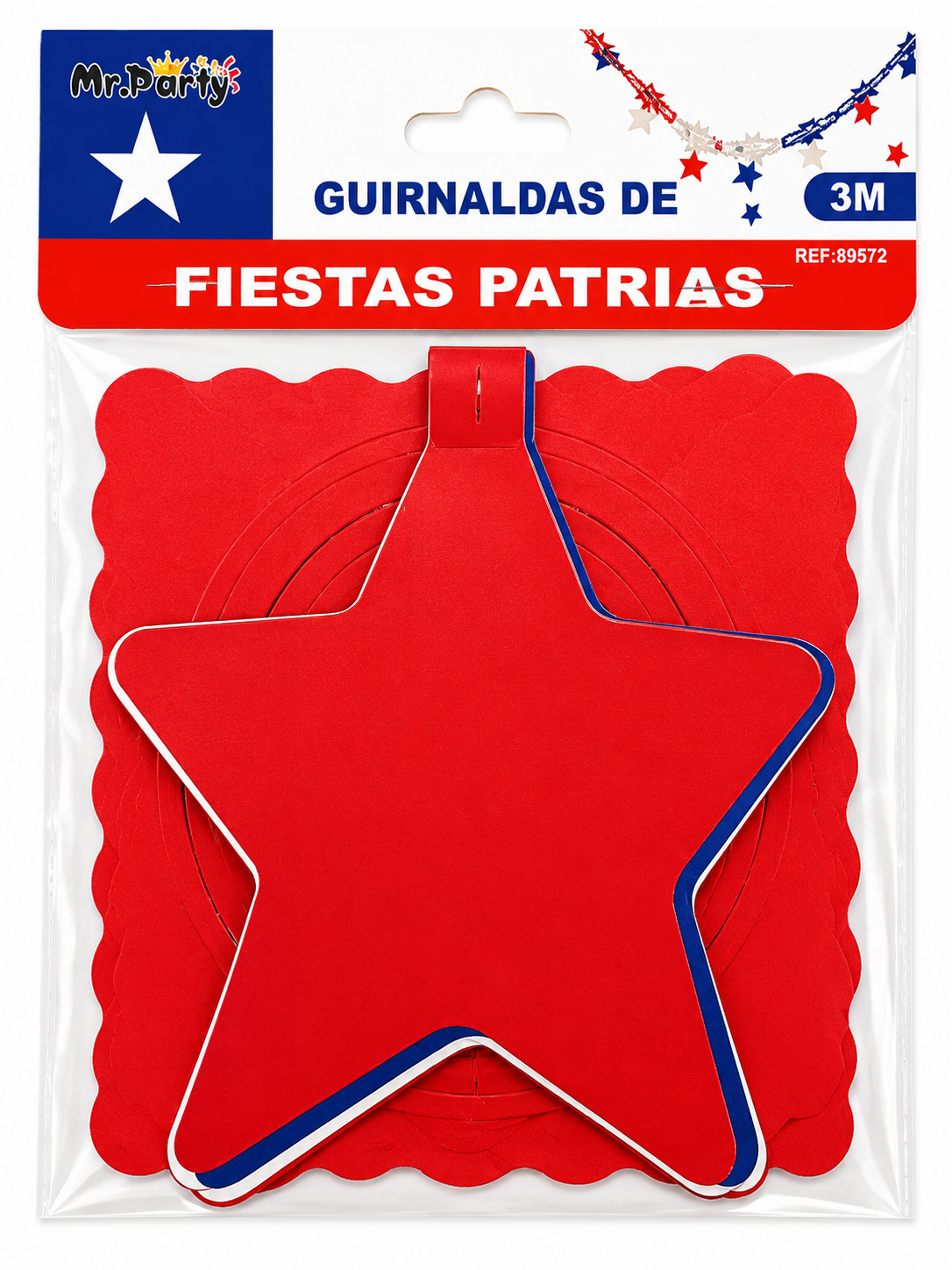 Guirnalda Estrella Fiestas Patrias 3 Metros | Decoración Chilena Tricolor para celebraciones Chilenas