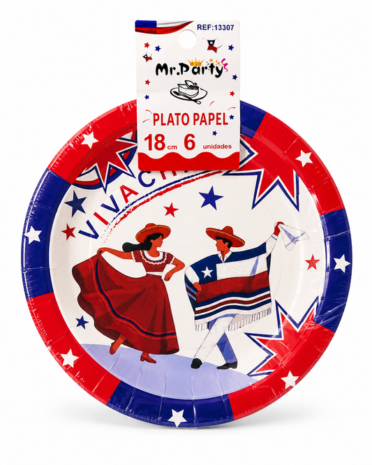 Platos de Papel Fiestas Patrias de Chile 18 cm | Pack de 6 Platos Desechables