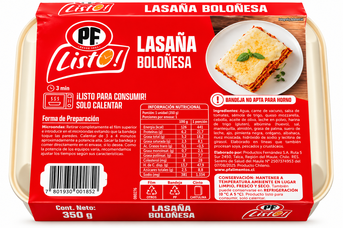 Lasaña Boloñesa PF Listo! 350 g – Comida Chilena Lista para Calentar