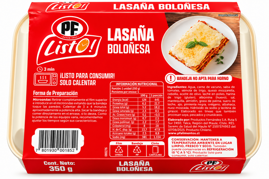 Lasaña Boloñesa PF Listo! 350 g – Comida Chilena Lista para Calentar