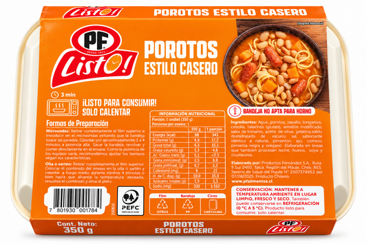 Envase individual de Porotos Estilo Casero PF Listo! 350g.