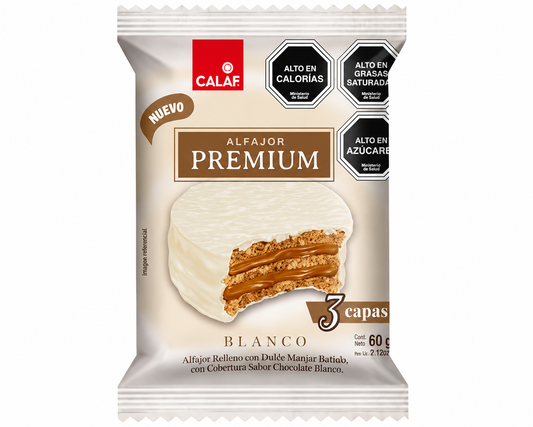 Alfajor Premium Blanco Calaf 60 g | Alfajor Chileno de 3 Capas con Manjar y Cobertura de Chocolate Blanco - Chilena Cossas 