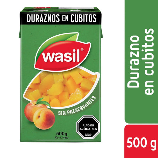 Duraznos en Cubitos Wasil 500 g | Duraznos en Jugo Natural Producto de Chile - Chilena Cossas 