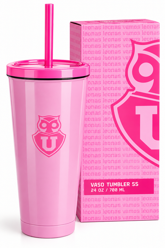 Vaso Térmico Universidad de Chile Rosado 700 ml (24 oz) – Tumbler La U con Bombilla y Tapa – Diseño Leonas – Regalo para Hinchas Azules