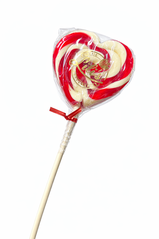 Paleta de caramelo artesanal marca Lili's con diseño de espiral rojo y blanco - Chilena Cossas 