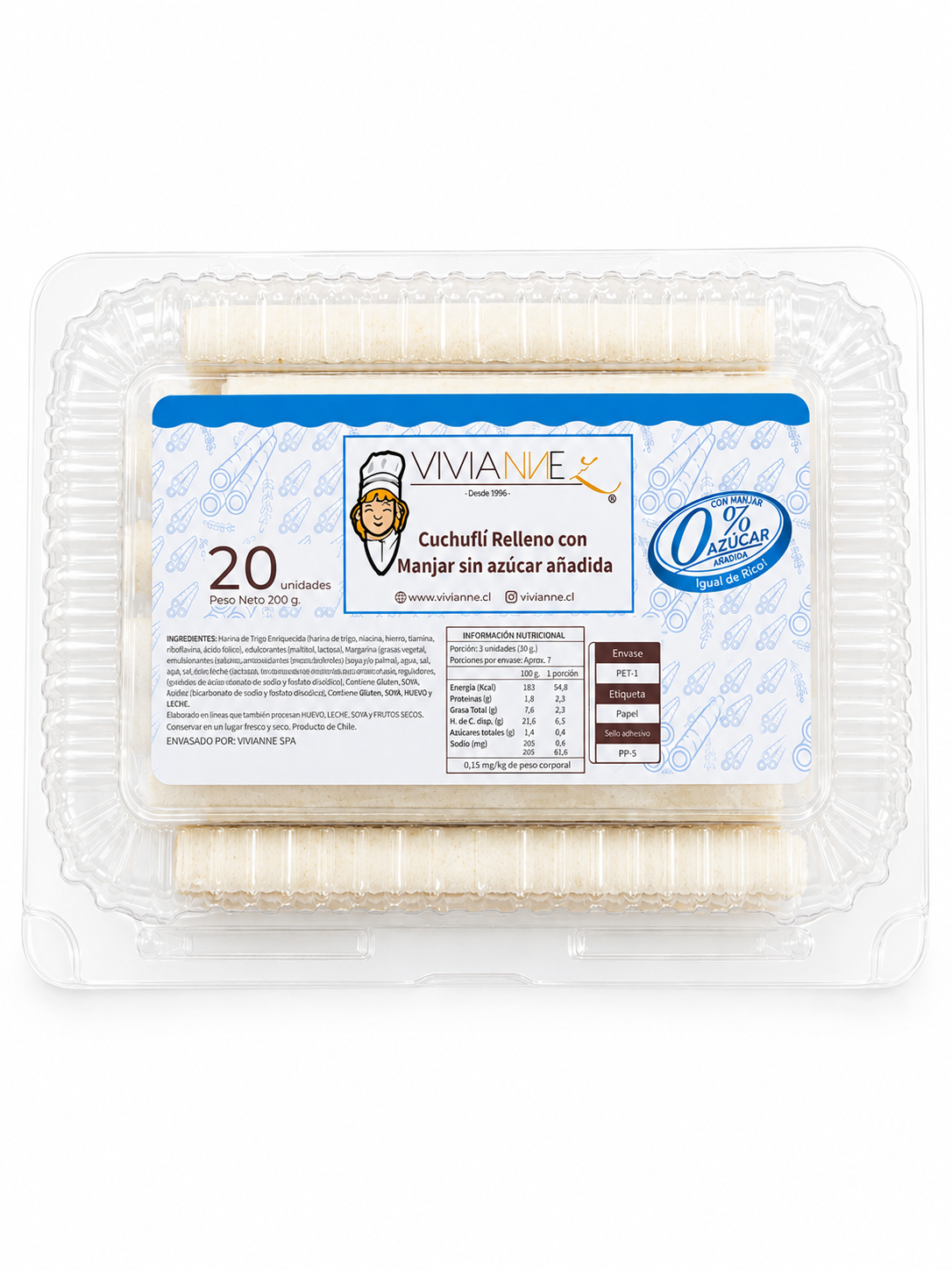 Cuchuflí con Manjar sin azúcar - Vivianne 20 Unidades (200 g) | Dulces Chileno Tradicional