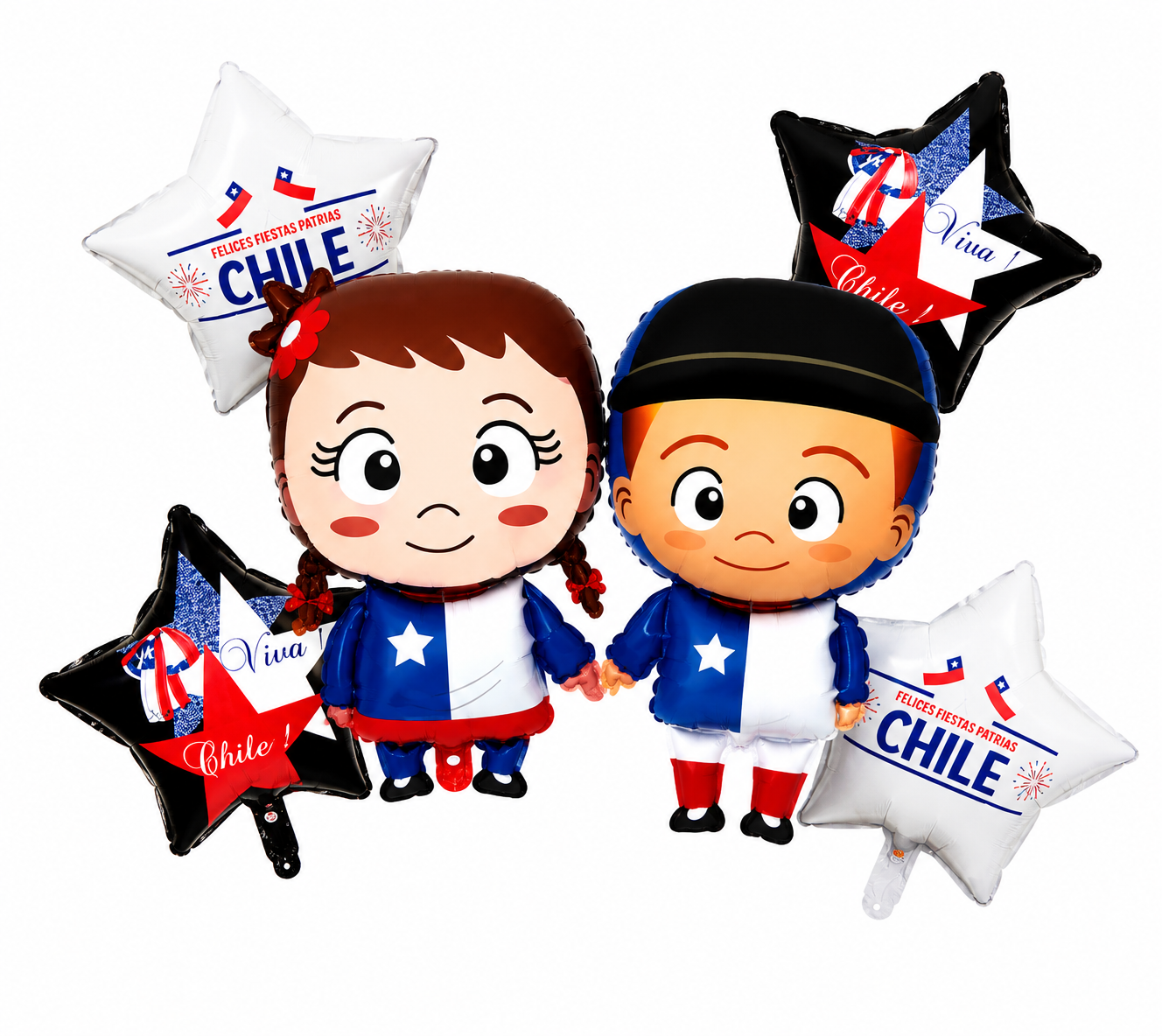 Set de Globos Fiestas Patrias Chile 6 Piezas – Niña y Huaso con Estrellas Decorativas