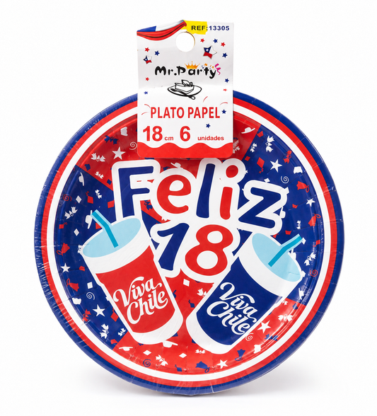 Platos de Papel Fiestas Patrias de Chile 18 cm | Pack de 6 Platos Desechables