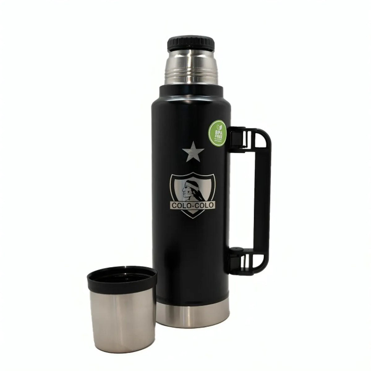 Termo Colo-Colo con Asa 1.5 Litros – Acero Inoxidable BPA Free con Escudo del Cacique | Termo Matero para Hinchas Albos