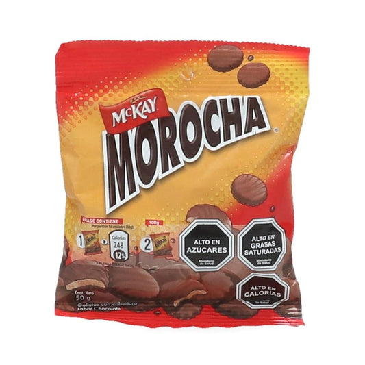 Alt text: Galleta Mini Morocha 50 g cubierta de chocolate.