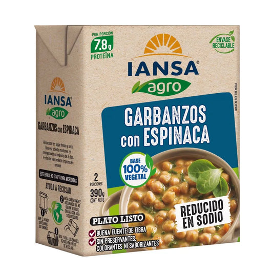 Caja de Garbanzos con Espinaca Iansa Agro 390g, plato listo vegetal.
