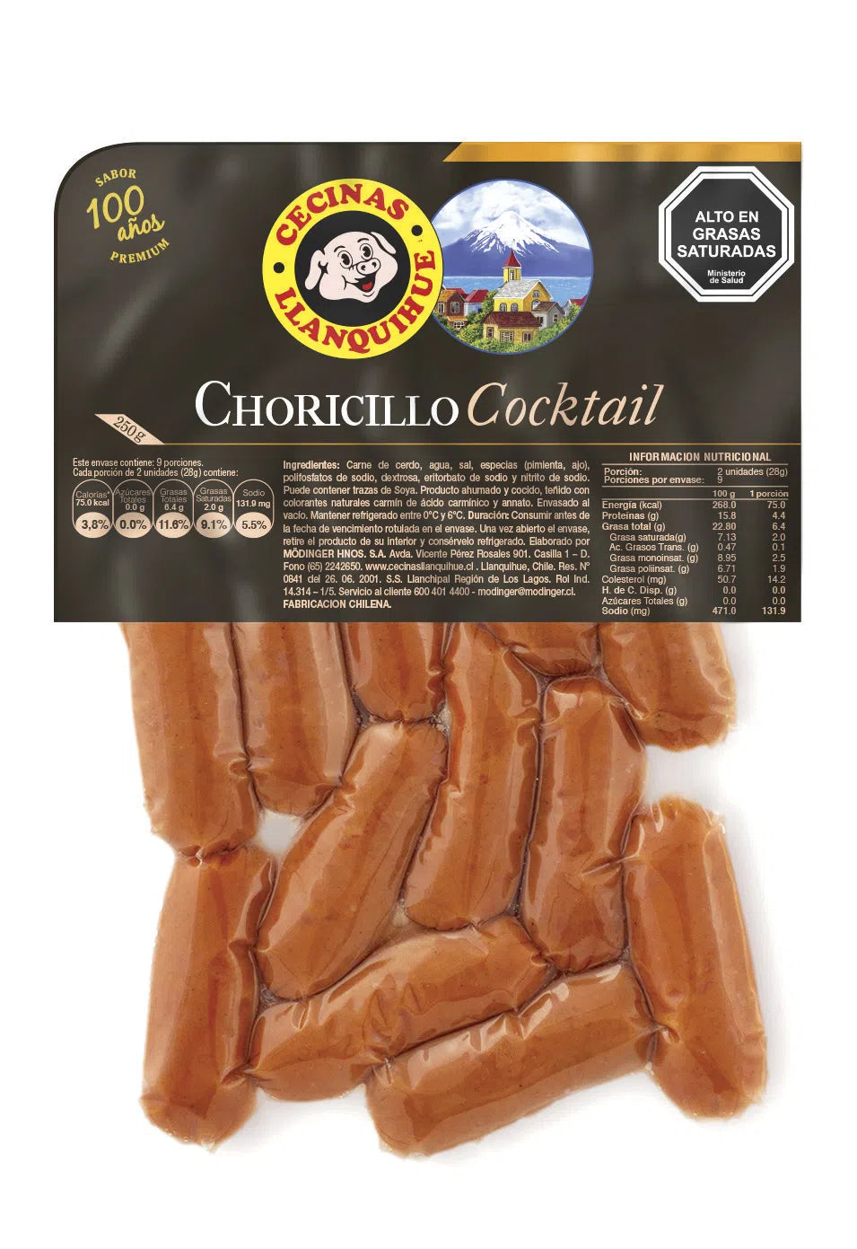 Paquete de choricillos cocktail Llanquihue 250 g.