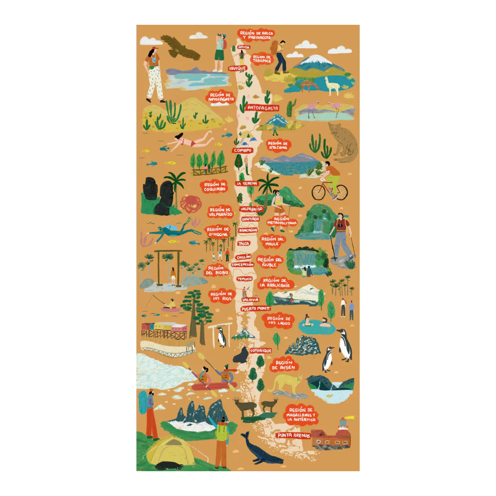 Caja de puzzle de 200 piezas ilustrando regiones y ciudades de Chile.