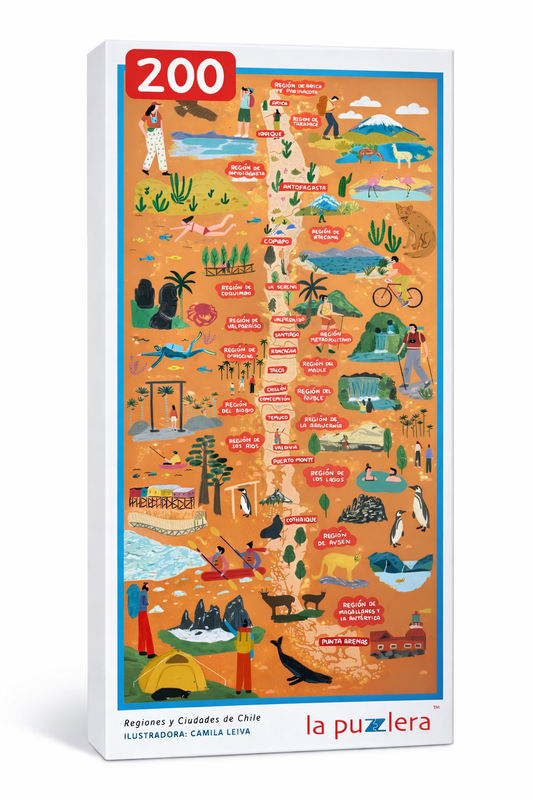 Caja de puzzle de 200 piezas ilustrando regiones y ciudades de Chile