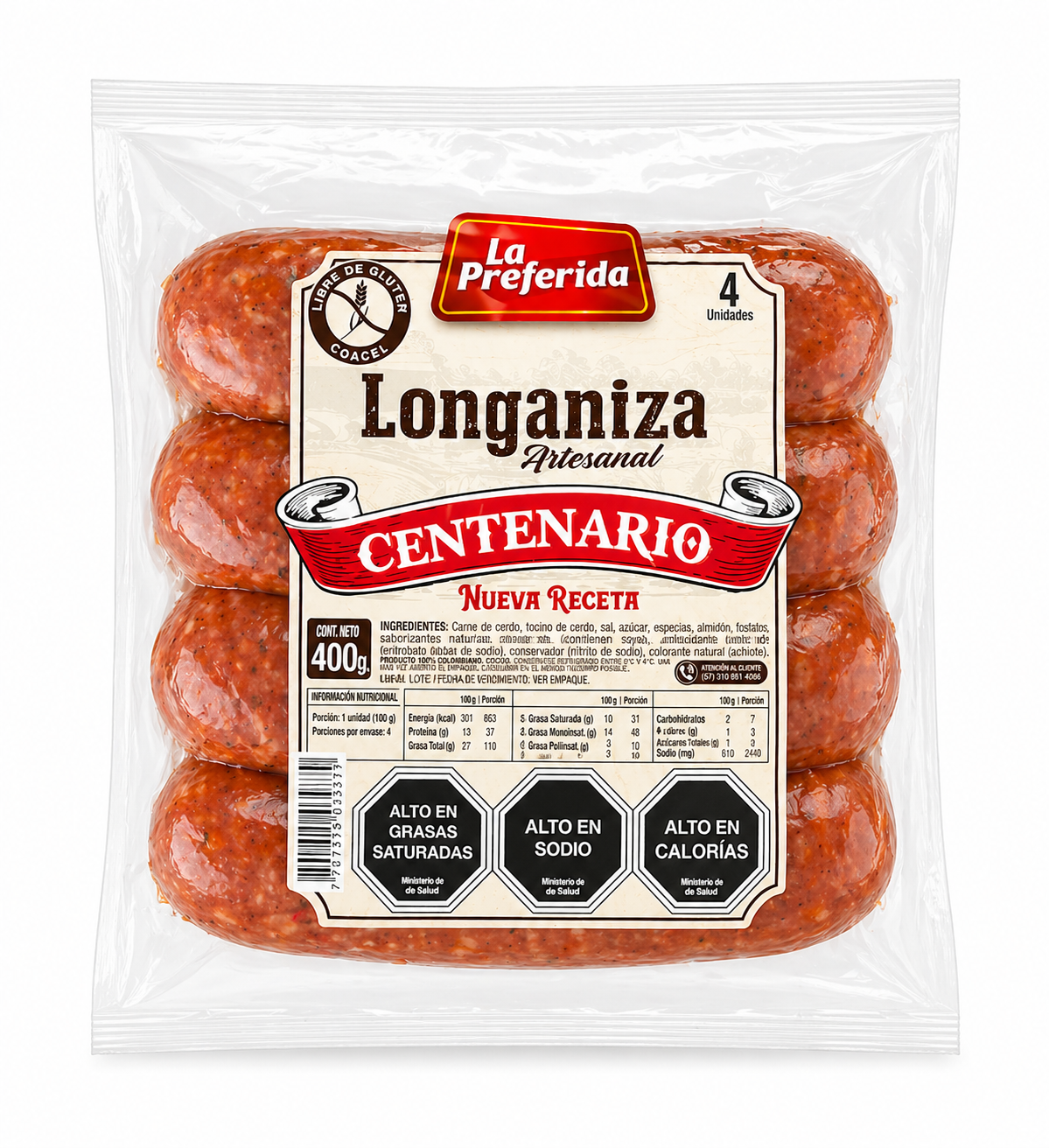 Longaniza Artesanal Centenario La Preferida 400g, 4 unidades de embutido tradicional chileno.