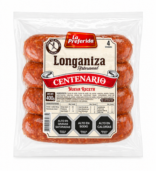 Longaniza Artesanal Centenario La Preferida 400g, 4 unidades de embutido tradicional chileno.