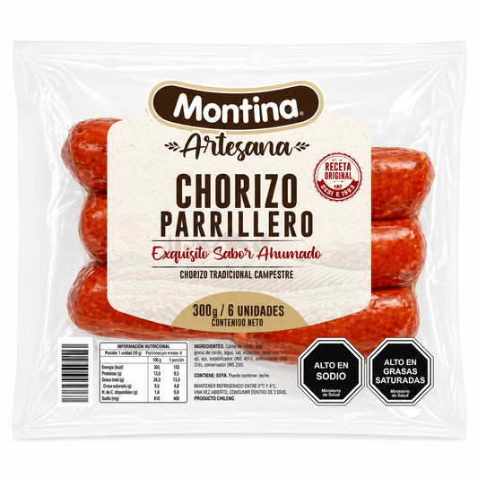 Paquete de Chorizo Parrillero Montina de 300g para asados chilenos.