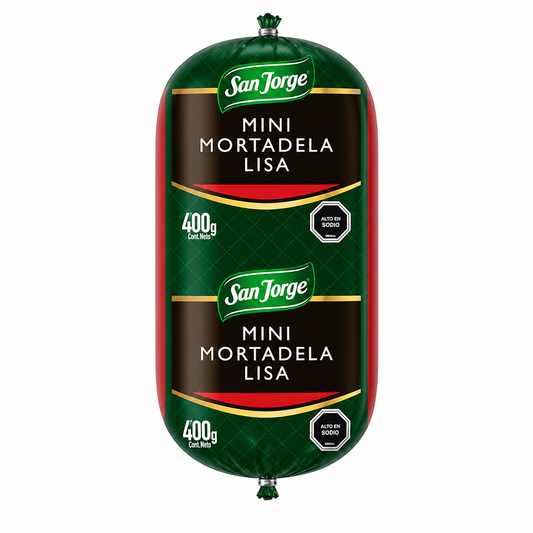 Mini Mortadela Lisa San Jorge 400g, producto cárnico chileno.