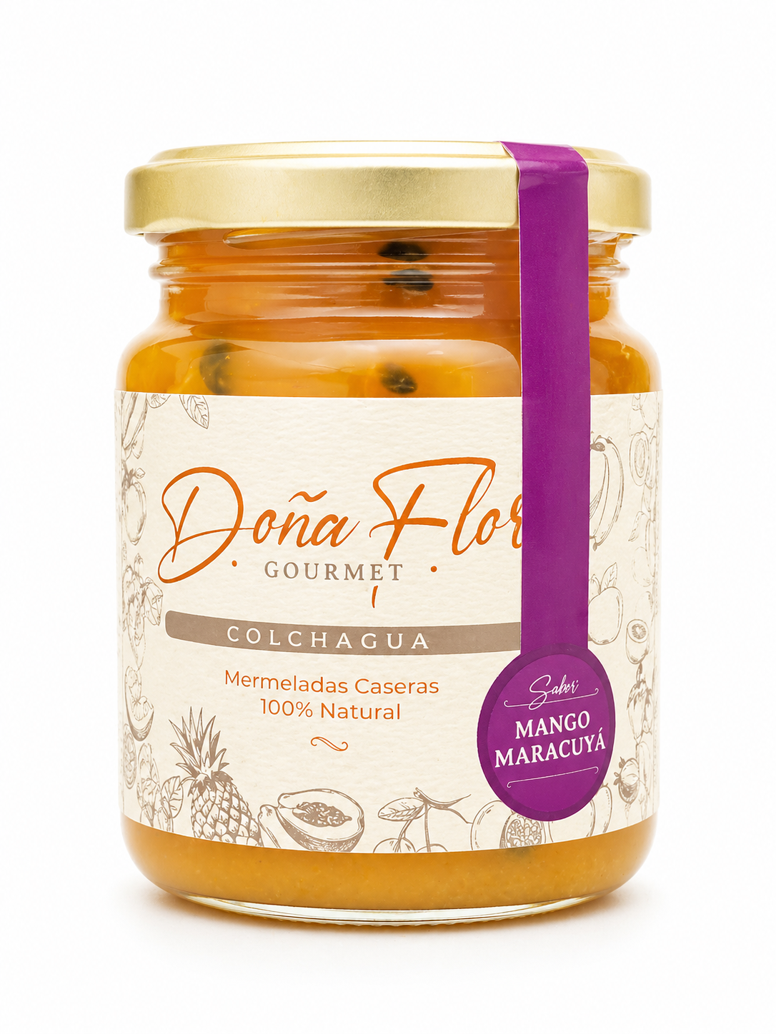 Mermelada de Mango Maracuyá Gourmet Doña Flor 300g, producto 100% natural.