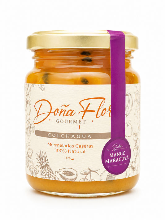 Mermelada de Mango Maracuyá Gourmet Doña Flor 300g, producto 100% natural.