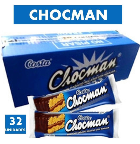 Chocman Costa 32 unidades chileno con manjar y cobertura de chocolate
